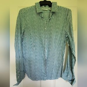 Green and white striped button down shirt